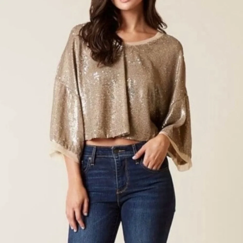 Free People Gold Sequin Top - Picture 2 of 5